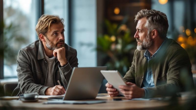 Zwei Personen im Bürogespräch an einem runden Tisch, Laptop und Unterlagen dazwischen