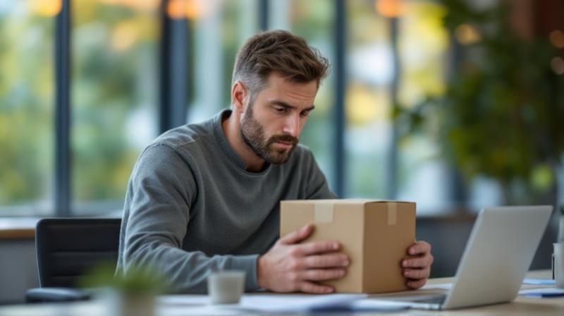 Berufstätiger mit Umzugskarton und Bewerbungsunterlagen, in einem hellen Büro