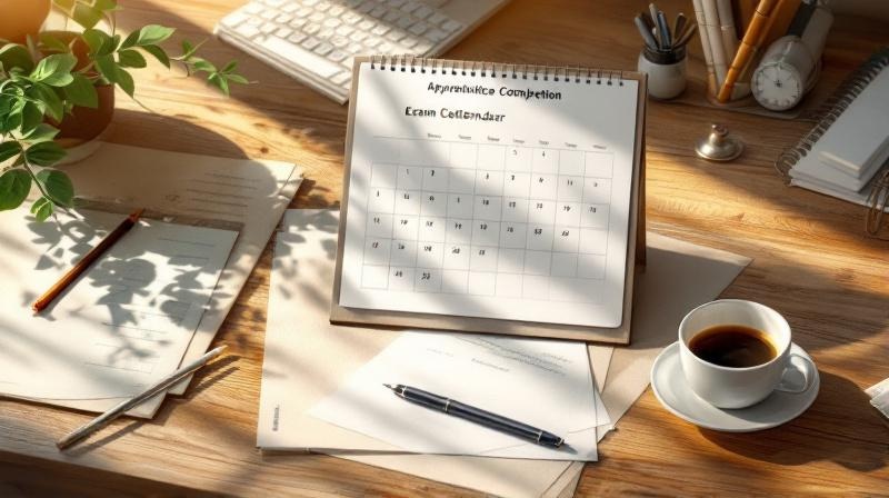 Kalender mit markiertem Prüfungstermin und Ausbildungszeugnis auf dem Schreibtisch