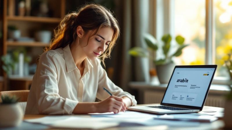 Ausländisches Diplom und Übersetzung auf dem Schreibtisch, Frau Anfang 30 blättert in Papieren