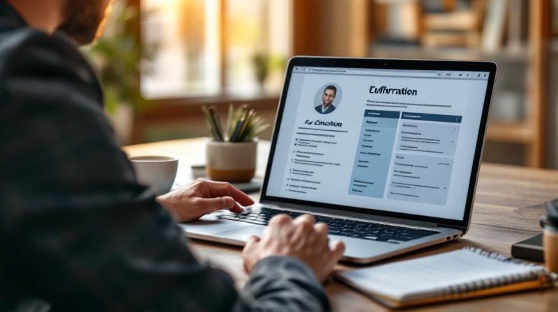 Bewerbungsunterlagen auf einem Schreibtisch, Laptop mit CV-Entwurf, Kaffeetasse daneben