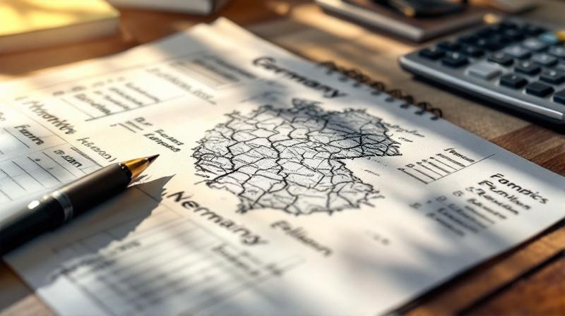 Deutschlandkarte auf Schreibtisch mit markierten Bundesländern, Taschenrechner daneben