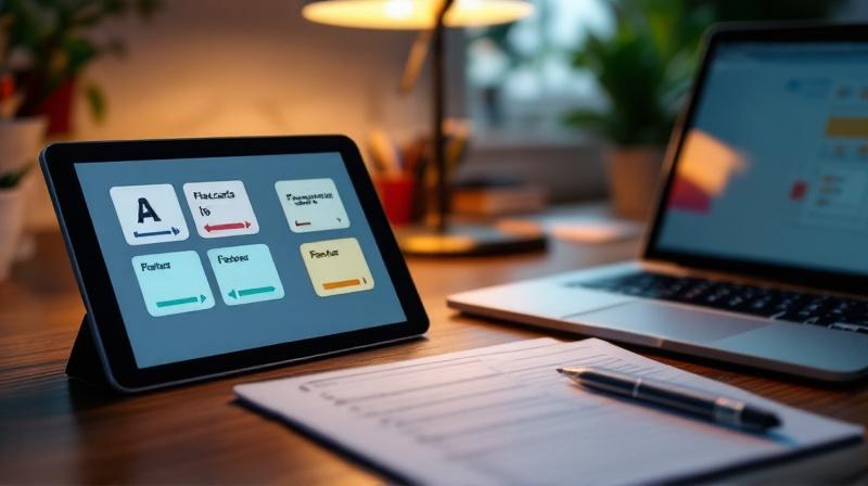 Tablet mit digitalen Karteikarten, Laptop mit Notizen und Stift auf einem Schreibtisch