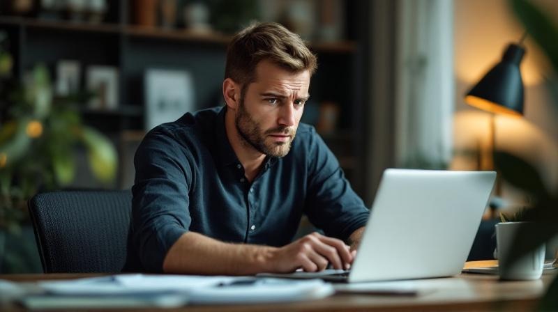 Berufstätiger mit nachdenklichem Blick am Schreibtisch, Urkunde und Laptop daneben