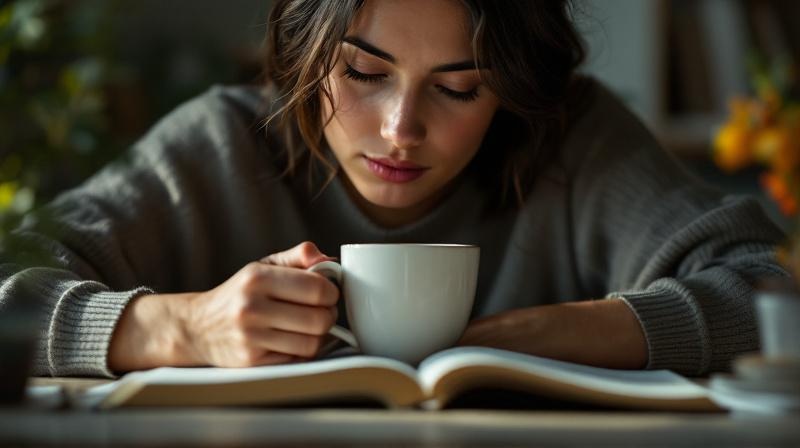 Person sitzt nachdenklich am Schreibtisch, Kaffeebecher in der Hand, Buch halboffen