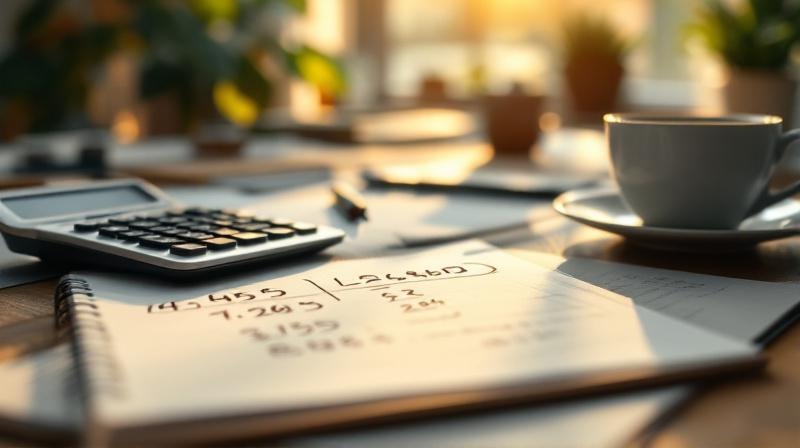 Taschenrechner auf Notizblock mit handschriftlicher Rechnung, Kaffeetasse und Stift, warmes Licht