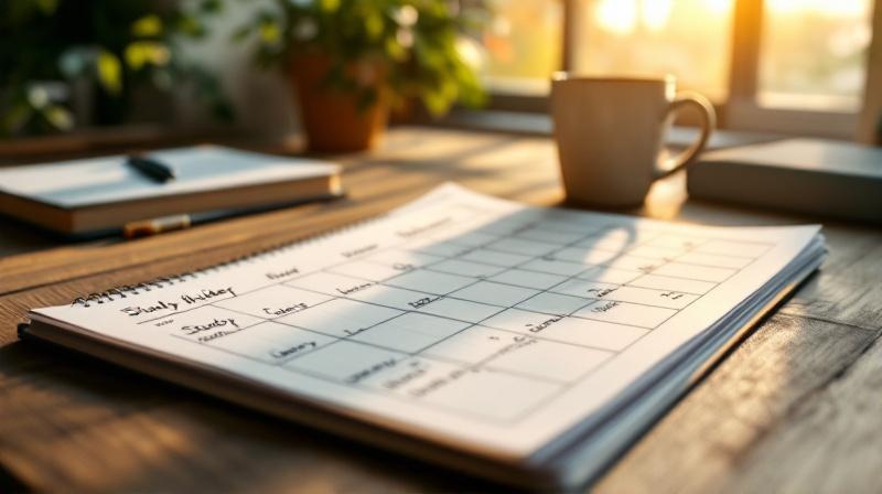 Terminkalender mit Lernblöcken und Unterrichtszeiten, Notizbuch und Kaffeetasse auf Holztisch