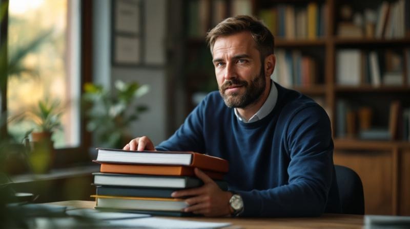 Mann Ende 30 mit dickem Aktenordner alter Arbeitszeugnisse am Schreibtisch, entspannt und zuversichtlich