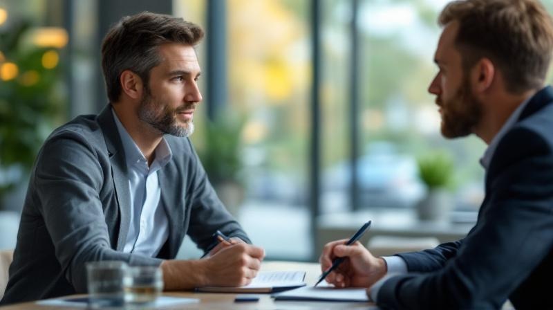 Zwei Personen in einem Büro am Besprechungstisch, ruhiges, sachliches Gespräch
