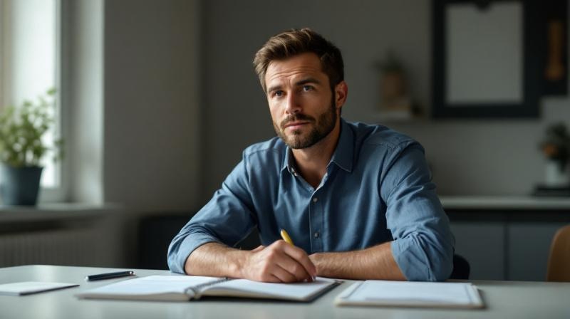 Mann Mitte 30 am Schreibtisch mit Arbeitsvertrag und Notizen, selbstbewusster Blick