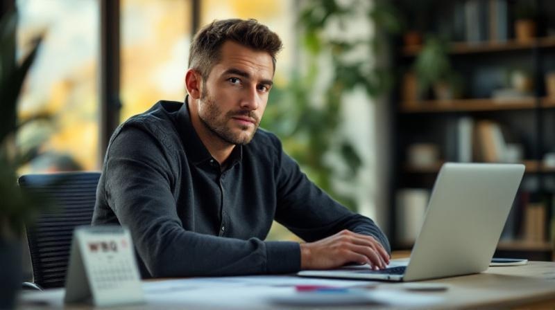 Mann Mitte 30 am Schreibtisch mit WBQ-Zertifikat und Kalender, konzentrierter Blick, Nachmittagslicht