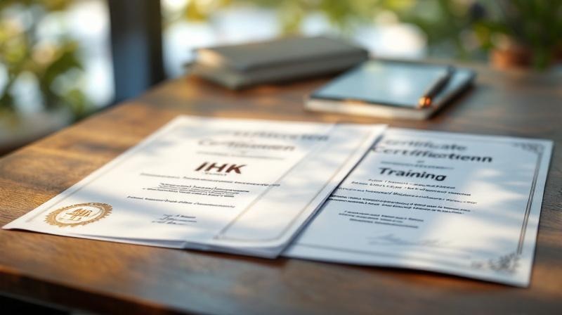 Offizielles IHK-Zeugnis und ein einfaches Teilnahmezertifikat im Vergleich auf einem Schreibtisch