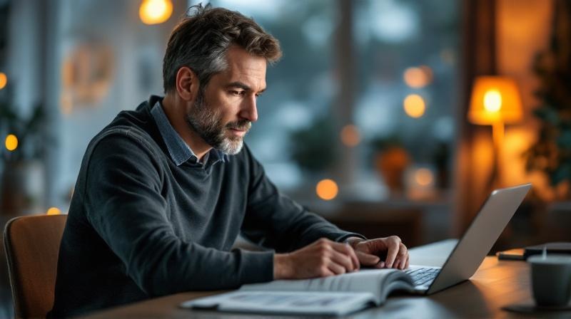 Mann mittleren Alters prüft Kontostand am Laptop, Haushaltsbuch daneben, warme Abendbeleuchtung in der Wohnung