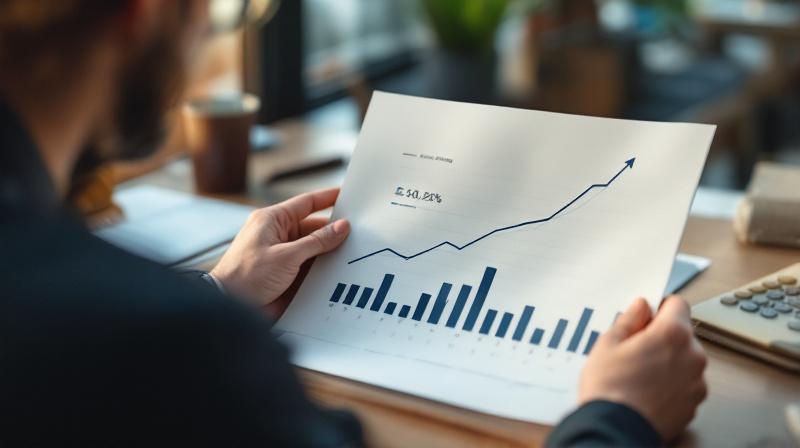 Person vor einem Diagramm mit Einkommensentwicklung über Jahrzehnte