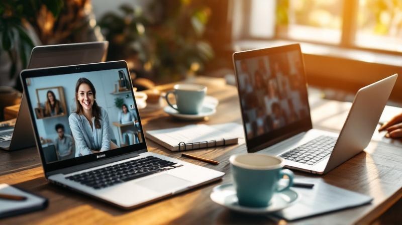 Drei Laptops auf einem Tisch mit offenen Notizen und Kaffeetassen, Lerngruppe online