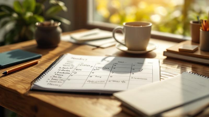 Wochenplaner mit handschriftlichen Lernblöcken, Kaffeetasse und Notizen auf einem Holztisch
