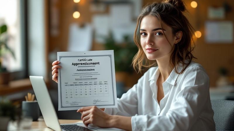 Junge Frau Anfang 20 mit frischem Ausbildungszeugnis, lächelt verhalten, Kalender auf dem Schreibtisch