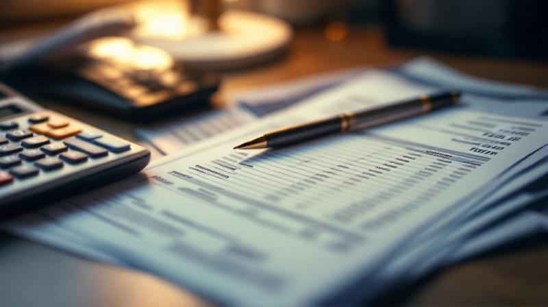 Stapel Rechnungen und Quittungen auf Schreibtisch, Taschenrechner und Kugelschreiber daneben