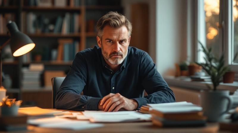 Mann Mitte 40 am Schreibtisch schaut auf Unterlagen, nachdenkliche Miene, warmes Abendlicht