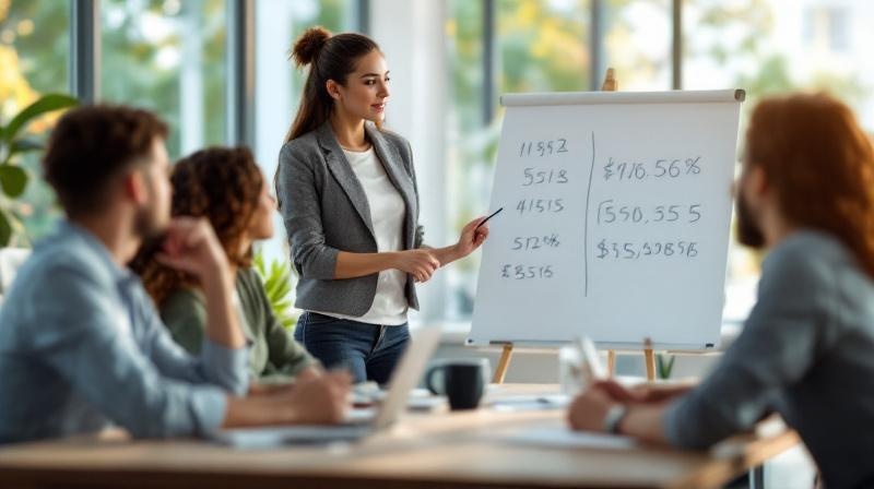 Gruppe von Büroangestellten in einer Besprechung, ein Teamleiter präsentiert an einem Whiteboard