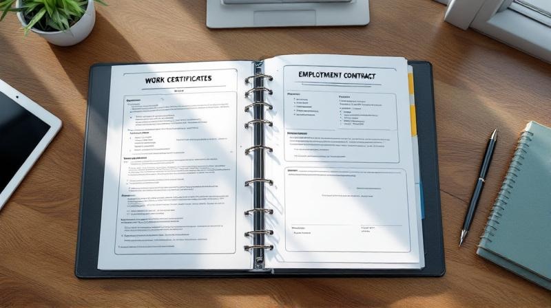 Sortierte Arbeitszeugnisse und Arbeitsverträge in einem Ordner, Schreibtisch mit Tablet