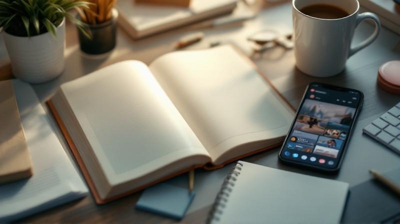 Aufgeklapptes Buch mit unbeschriftetem Zettel, Handy mit Social-Media-Bildschirm und leere Kaffeetasse auf Schreibtisch