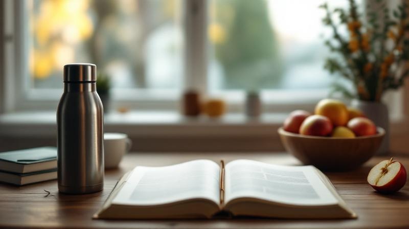 Offenes Lehrbuch, Thermoskanne und Äpfel auf einem Schreibtisch, ruhige Abendbeleuchtung