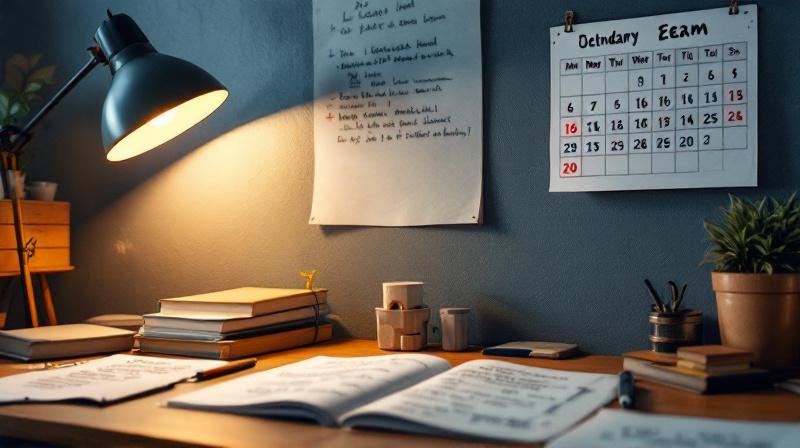 Schreibtisch mit geöffnetem Lehrbuch, Probeklausuren, Stift und Kalender mit markiertem Prüfungstermin