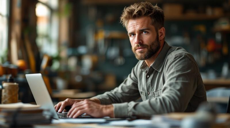 Mann Mitte 30 mit Werkzeug im Hintergrund, vorn am Schreibtisch mit Aktenordnern, nachdenklicher Blick