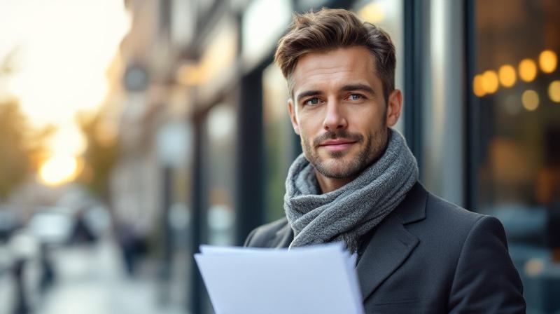 Junge Fachkraft mit Aktentasche und Stipendienurkunde, ruhige Stadtkulisse