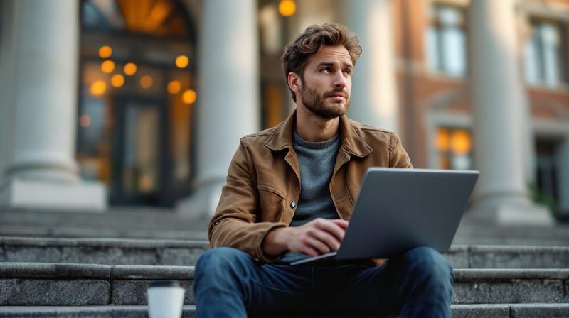 Ein Student sitzt vor dem Eingang einer Universität mit einem Laptop auf dem Schoß