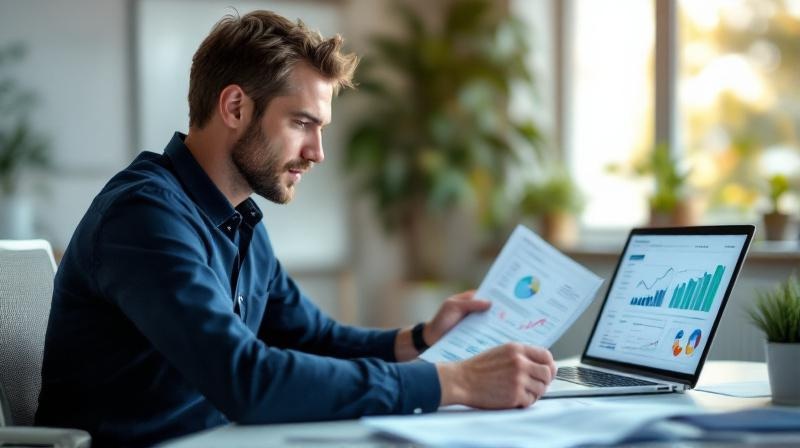 Schreibtisch eines Wirtschaftsfachwirts mit Laptop, Controlling-Auswertungen und Notizblock im Tageslicht