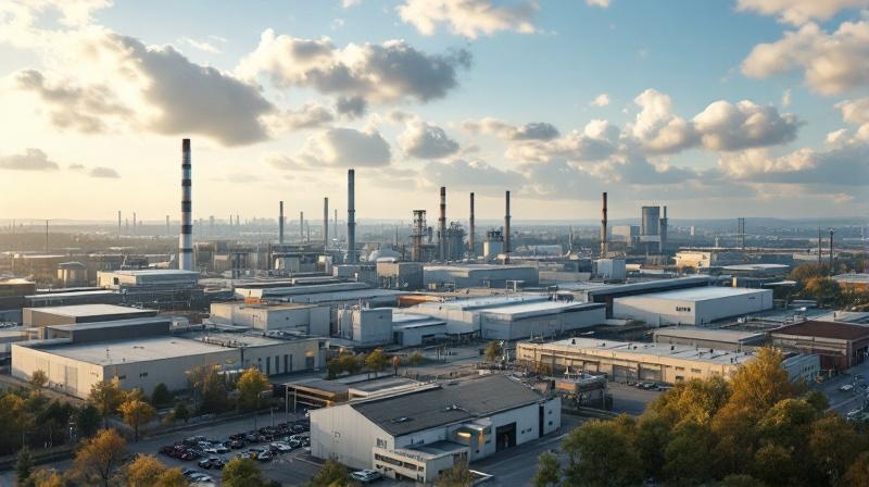 Panorama einer deutschen Industrielandschaft mit Produktionshallen und Bürogebäuden