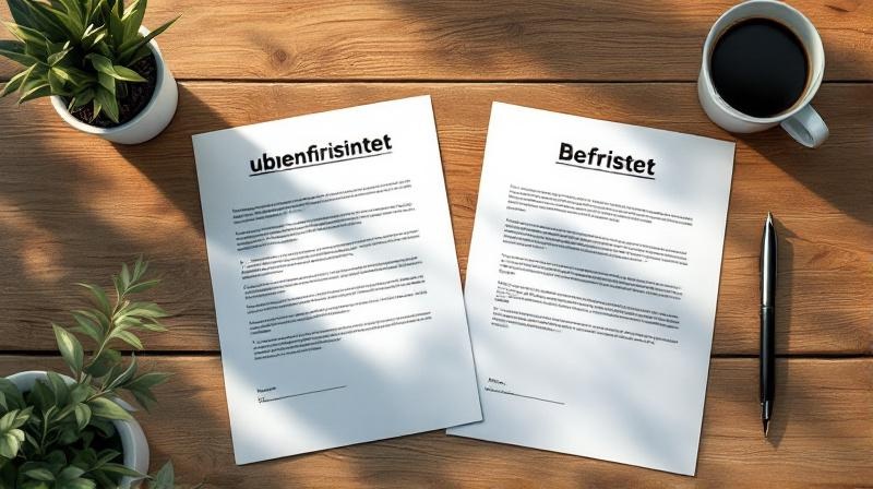 Zwei Arbeitsverträge nebeneinander auf einem Schreibtisch, einer beschriftet unbefristet, einer befristet