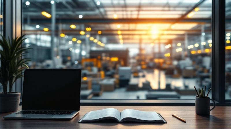 Büroumgebung mit Blick auf einen mittelständischen Produktionsbetrieb durch das Fenster