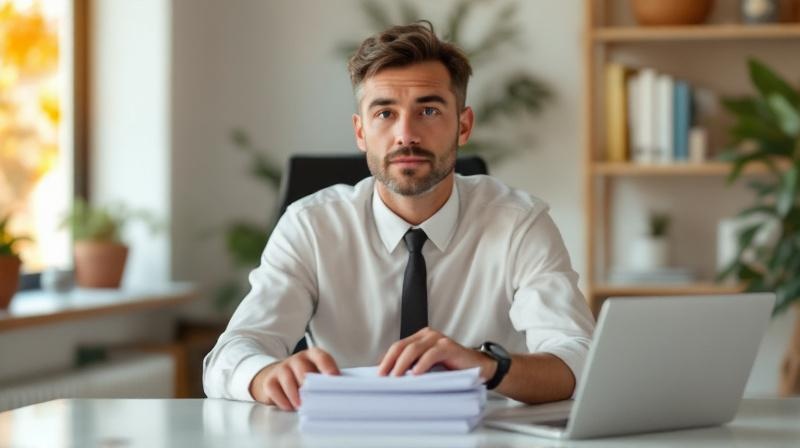 Mann Mitte 30 am Schreibtisch mit Ordner und Laptop, ruhige konzentrierte Haltung, warmes Licht