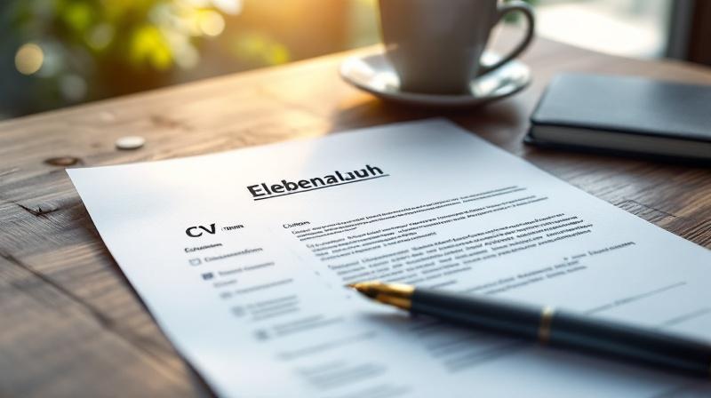 Lebenslauf mit Ausbildungsabschnitt und Wirtschaftsfachwirt-Eintrag auf einem Tisch neben einem Kaffee