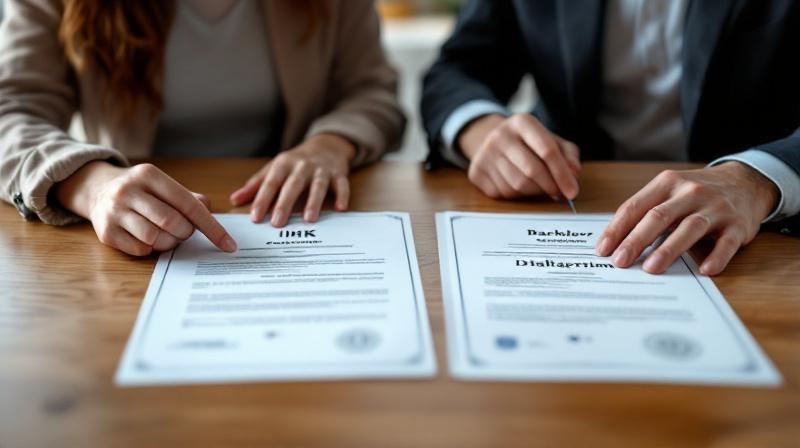 Zwei Personen im Büro vergleichen Zeugnisse, ein Wirtschaftsfachwirt-Zeugnis und eine Bachelor-Urkunde