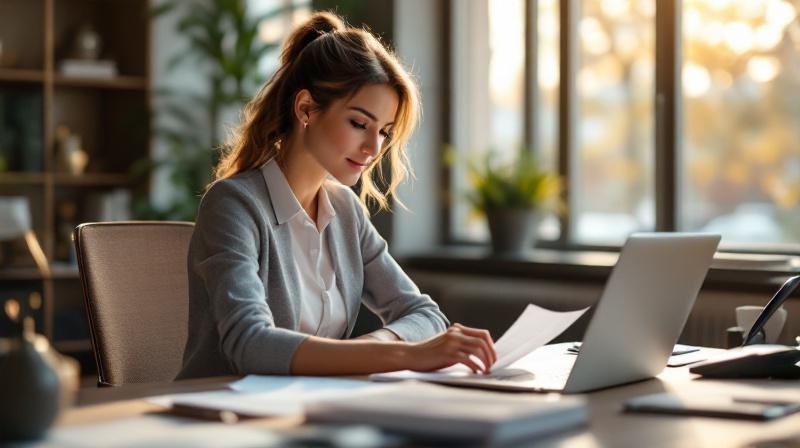 Assistenz in einem eleganten Büro mit Laptop, Unterlagen und Telefon