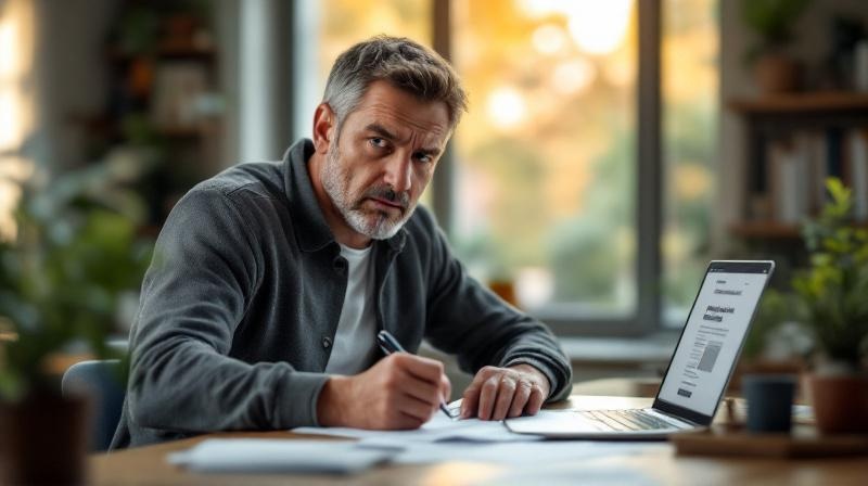 Mann Ende 30 am Schreibtisch füllt BAföG-Antrag aus, neben ihm Laptop mit offizieller Website geöffnet