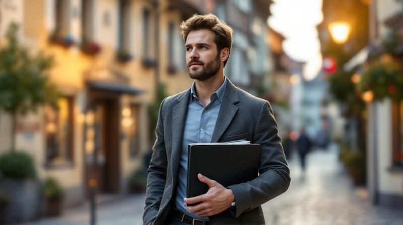 Junger Mann in Bayreuth vor einem Altbau mit Ordner unter dem Arm, ruhige Landschaft im Hintergrund