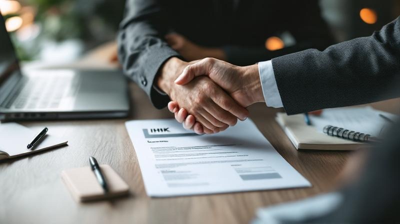 Hände beim Handschlag über einem Schreibtisch mit Lebenslauf und WFW-Zeugnis