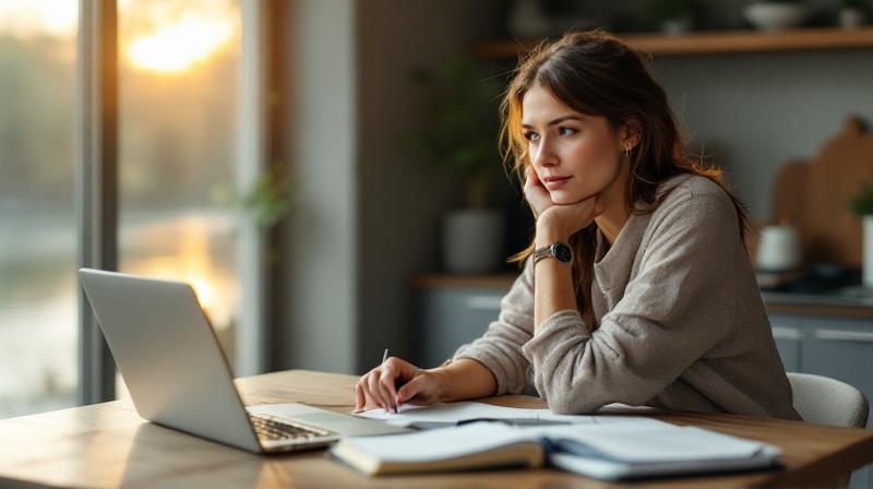 Berufstätige Frau mittleren Alters arbeitet am Küchentisch an Kursunterlagen, im Hintergrund Blick auf die Bremer Weser