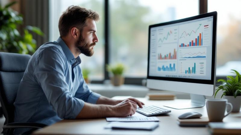 Controller vor einem Monitor mit Reporting-Dashboards und einer Kaffeetasse
