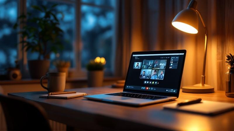 Laptop mit Videokonferenz, Notizbuch und Schreibtischlampe in einem Wohnzimmer am Abend