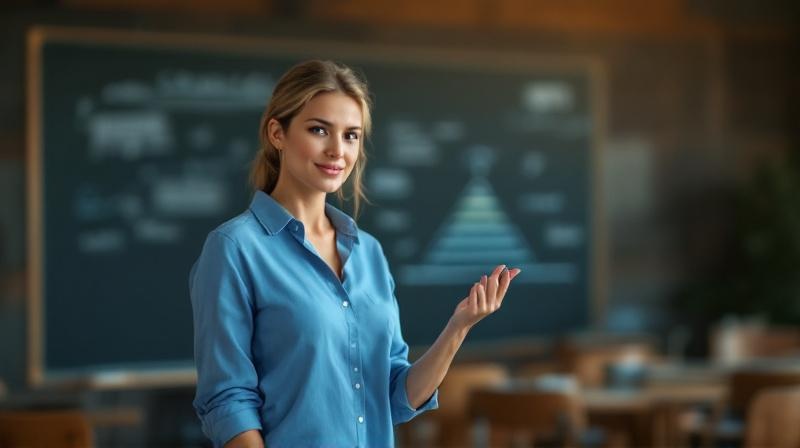 Frau Mitte 30 vor einer Tafel mit Niveau-Pyramide, erklärt etwas ruhig mit Handgeste