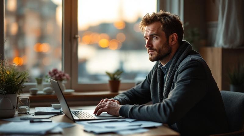 Hafenarbeiter mittleren Alters an einem Fenster mit Blick auf die Elbe, Laptop und Kursunterlagen auf dem Tisch