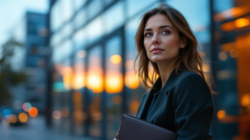Frau vor einem Bürogebäude in Frankfurt am Main, Aktentasche in der Hand, kurz vor Feierabend