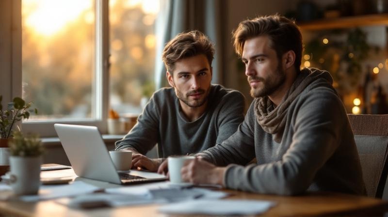 Frau und Mann Anfang 30 am Küchentisch, Unterlagen und Laptop vor sich