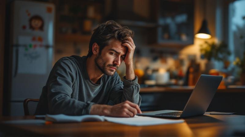 Elternteil lernt abends am Küchentisch mit Laptop, im Hintergrund eine Kinderzeichnung am Kühlschrank